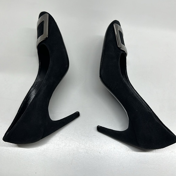 Roger Vivier High Heel Shoes Suede Pumps Round Toe Square Logo Black Size 36.5 - Picture 10 of 13